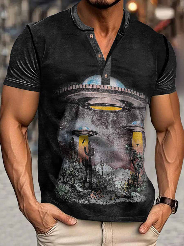 Men's UFO Print Henley Neck Short Sleeve T-Shirt