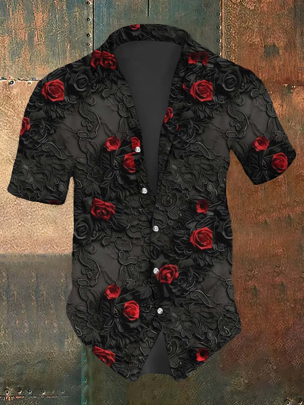 Men's Vintage Rose Print Casual Short Sleeve Shirt