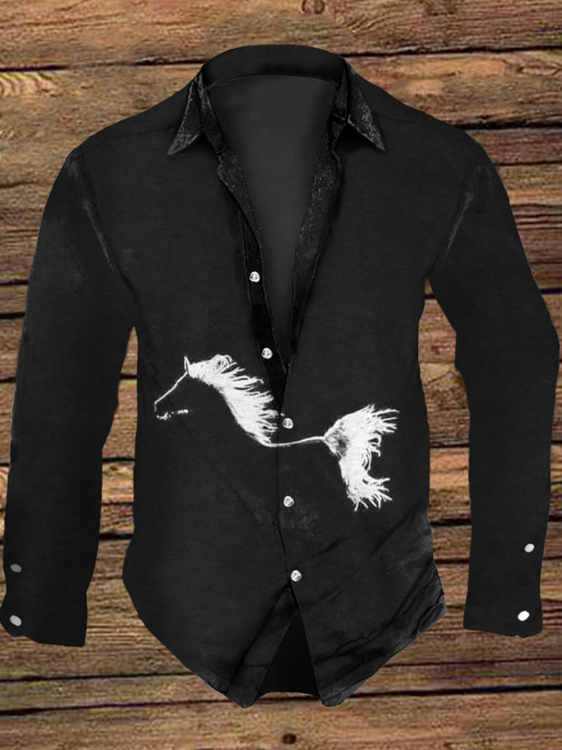 Unisex Men's Vintage Western Horse Art Abstract Print Casual Long Sleeve Shirt