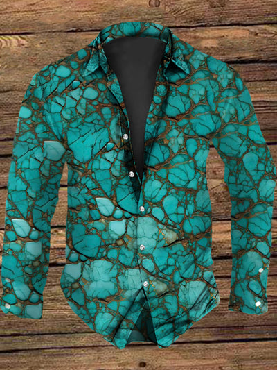 Unisex Men's Vintage Western Turquoise Green Brown Abstract Print Casual Long Sleeve Shirt