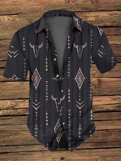 Men's Retro  Vintage Western Geometric Cow Skulls Print Short-Sleeve Shirt