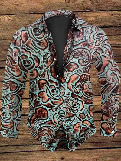 Unisex Men's Vintage Western Ethnic Floral Design Abstract Print Casual Long Sleeve Shirt