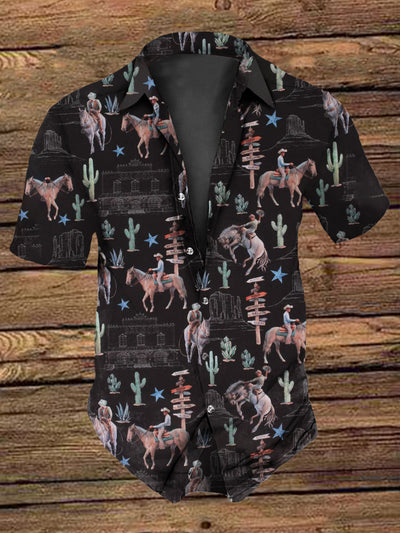 Men's Retro  Vintage Wild West Cactus Print Short-Sleeve Shirt