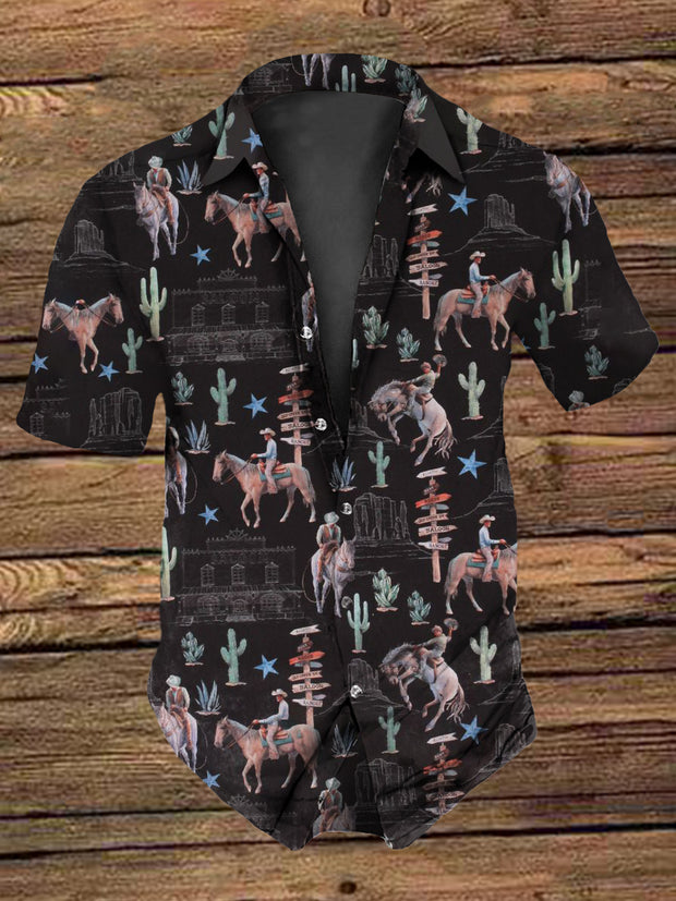 Men's Retro  Vintage Wild West Cactus Print Short-Sleeve Shirt