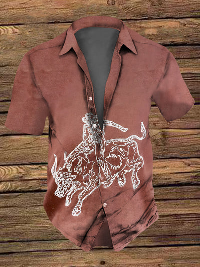 Men's Retro  Vintage Western Style Cow Art Print Short-Sleeve Shirt