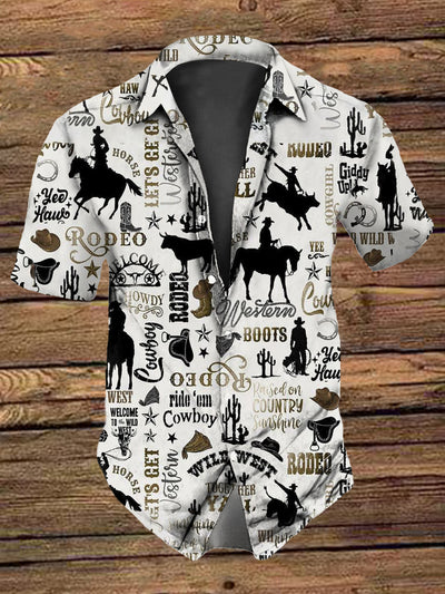 Men's Retro  Vintage Western Style Cowboy Cactus Print Short-Sleeve Shirt