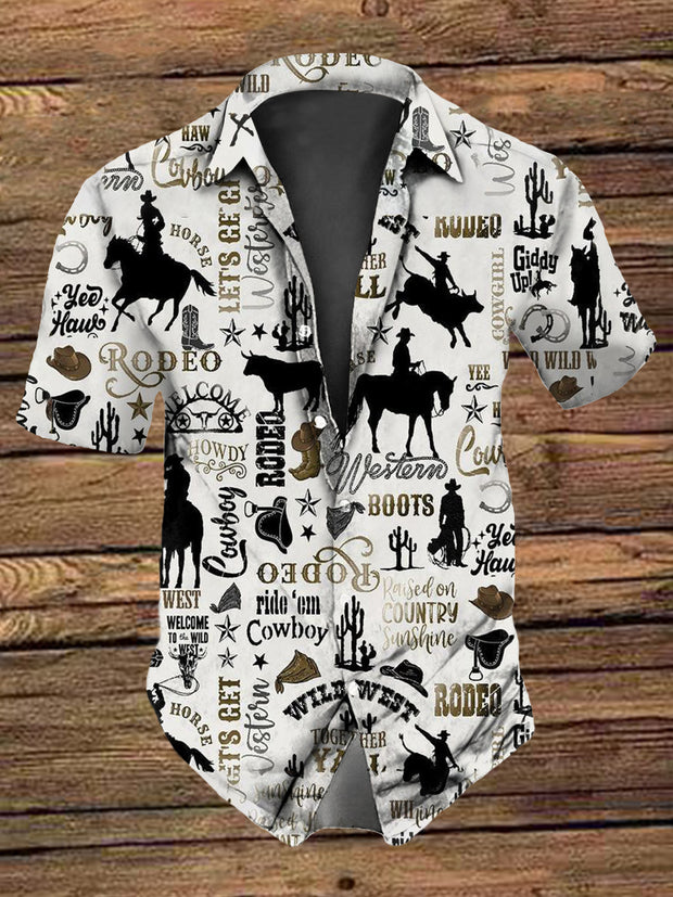 Men's Retro  Vintage Western Style Cowboy Cactus Print Short-Sleeve Shirt