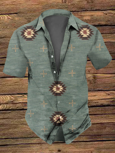 Men's Retro  Vintage Western Aztec Print Short-Sleeve Shirt