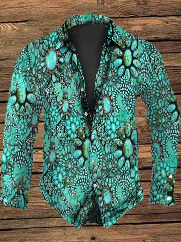 Men's Vintage Western Turquoise Green Abstract Print Casual Long Sleeve Shirt