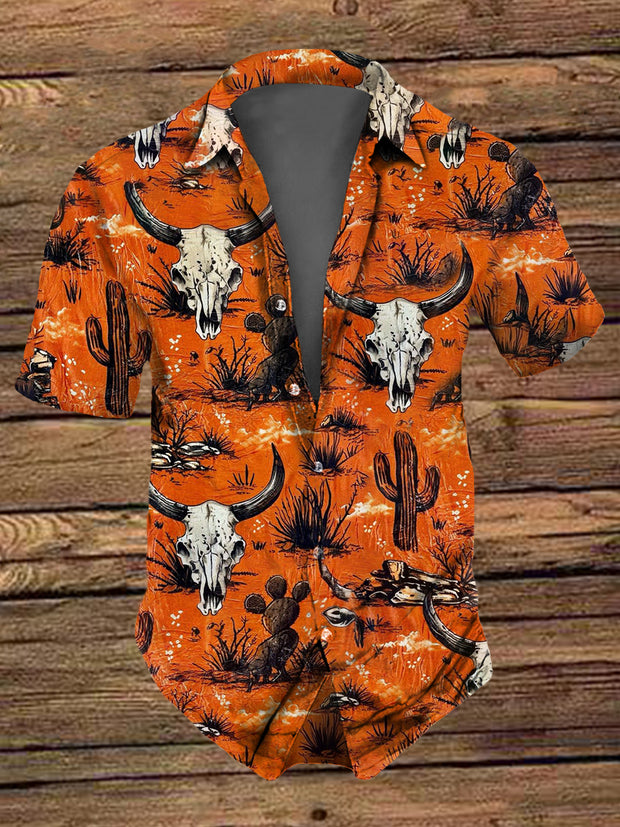 Men's Retro  Vintage Wild West Bull Skull Cactus Print Short-Sleeve Shirt