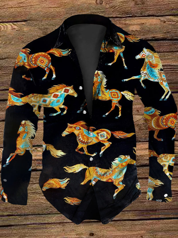 Men's Vintage Western Aztec Horses Abstract Print Casual Long Sleeve Shirt