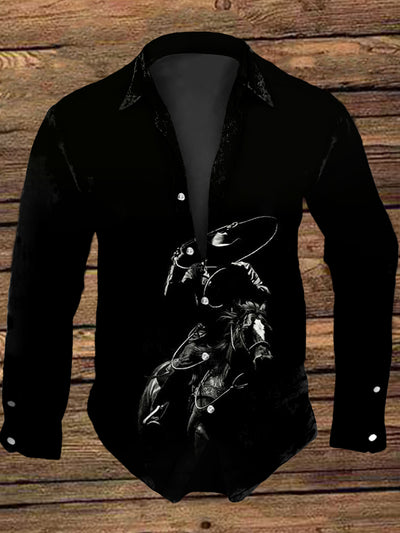 Men's Vintage Western Horse Riding Abstract Print Casual Long Sleeve Shirt