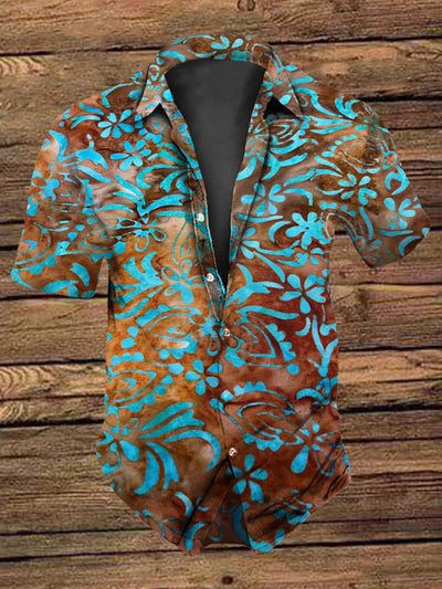 Men's Retro  Vintage Western Turquoise Green Floral Print Short-Sleeve Shirt