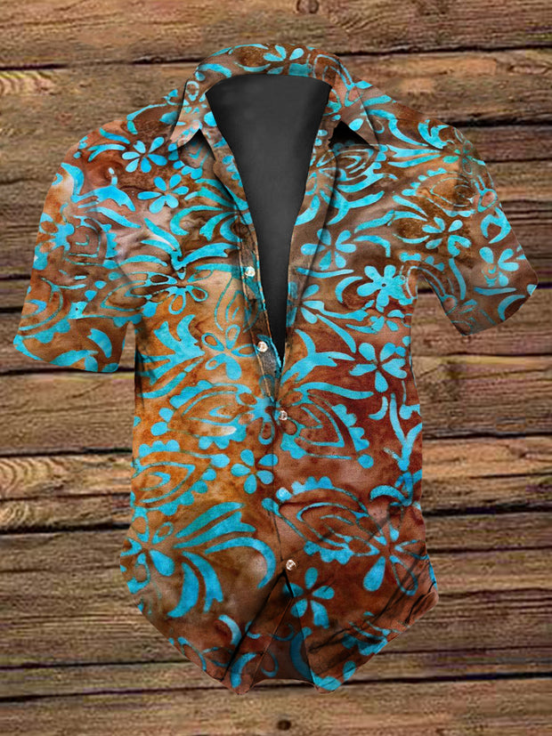 Men's Retro  Vintage Western Turquoise Green Floral Print Short-Sleeve Shirt