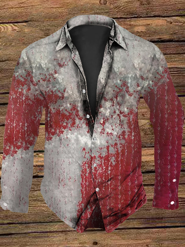 Men's Vintage Western Gradient Red Grey Abstract Print Casual Long Sleeve Shirt