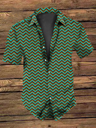 Men's Retro  Vintage Western Turquoise Brown & Gold Stripe Print Short-Sleeve Shirt