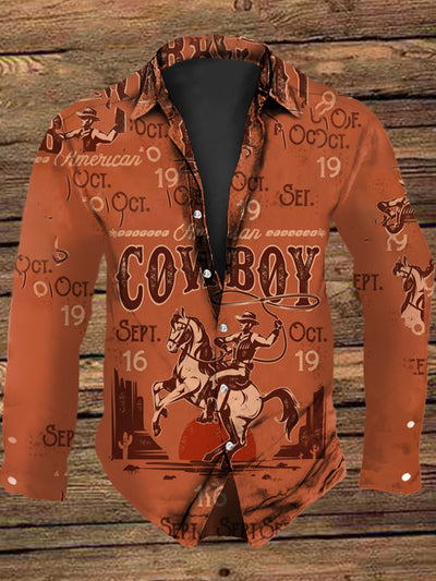 Men's Vintage Western Cowboy Riding Abstract Print Casual Long Sleeve Shirt