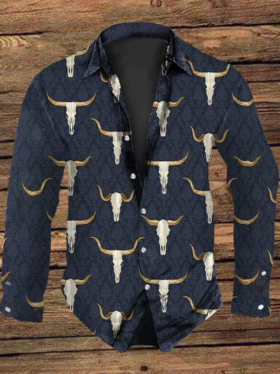 Men's Vintage Western Cow Skull Design Abstract Print Casual Long Sleeve Shirt