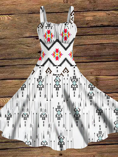 Women's Vintage Western Style Colourful Aztecs Print Midi Dress