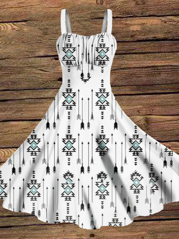 Women's Vintage Western Aztec Design Print Midi Dress