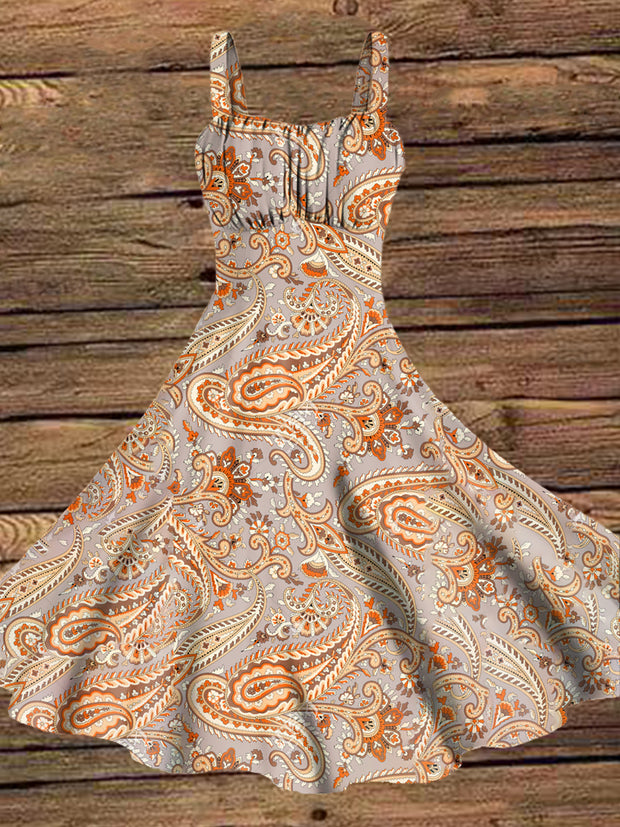 Women's Vintage Western Style Paisley Cashew Patterns Print Midi Dress