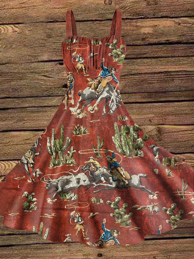 Women's Vintage Western Riding Cactus Print Midi Dress