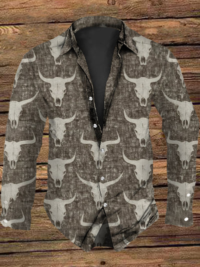 Unisex Men's Vintage Western Cow Skull Design Abstract Print Casual Long Sleeve Shirt