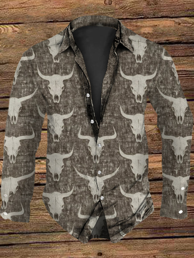 Unisex Men's Vintage Western Cow Skull Design Abstract Print Casual Long Sleeve Shirt