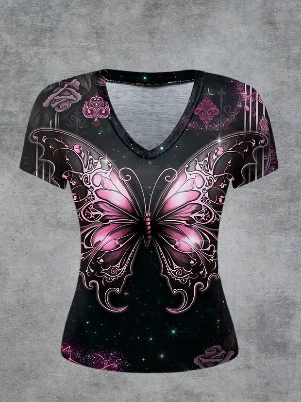 Butterfly Printed Vintage Fashion Loose V-Neck Short Sleeve T-Shirt