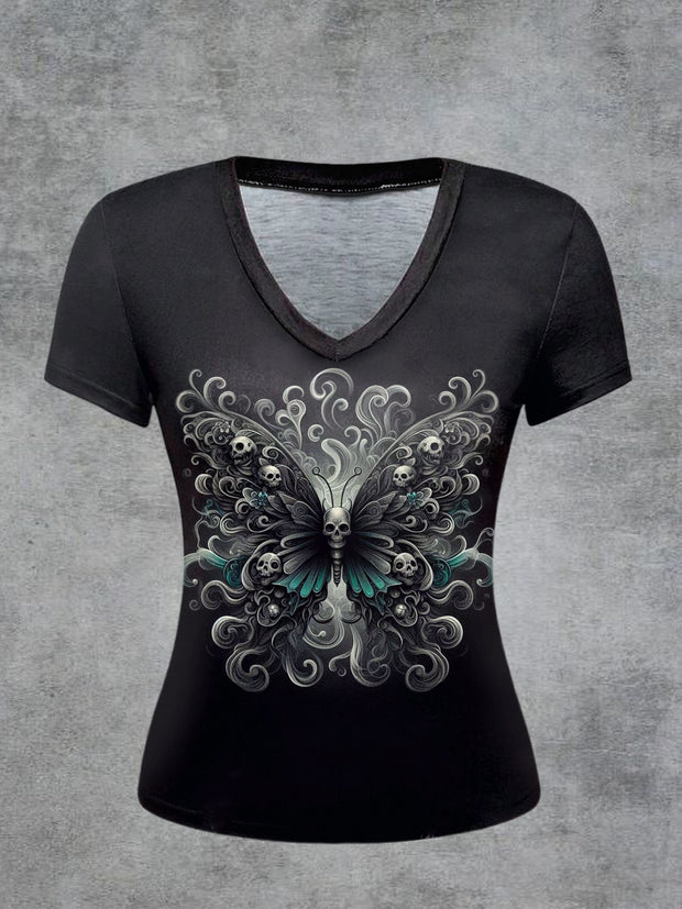 Butterfly Printed Vintage Fashion Loose V-Neck Short Sleeve T-Shirt