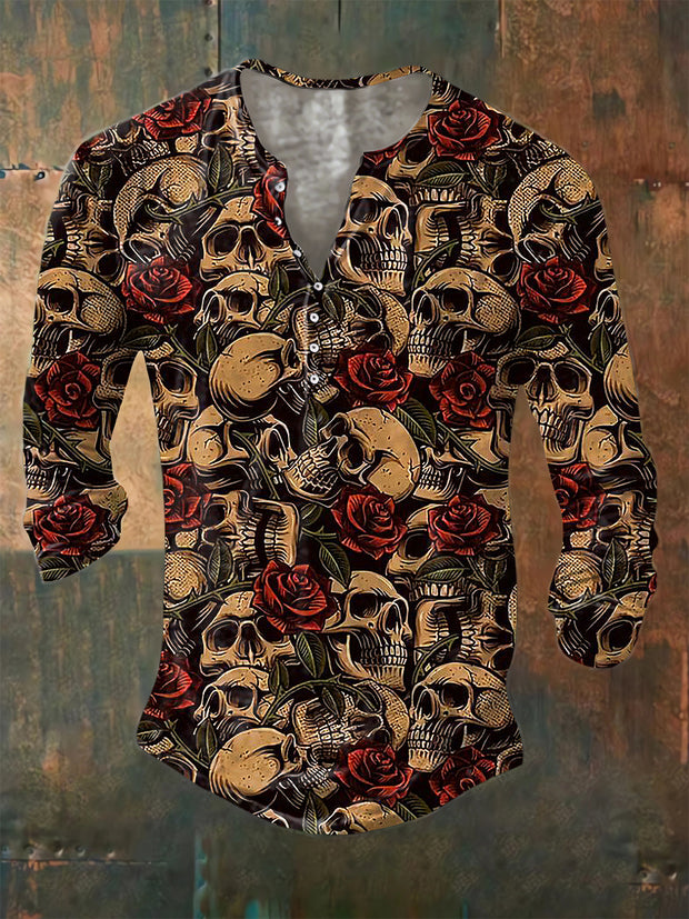 Men's ice cream Cotton Summer Casual Skull Print Beach Shirt long Sleeve