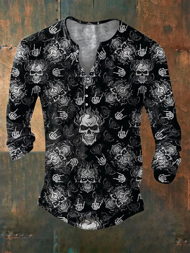 Men's ice cream Cotton Summer Casual Skull Print Beach Shirt long Sleeve