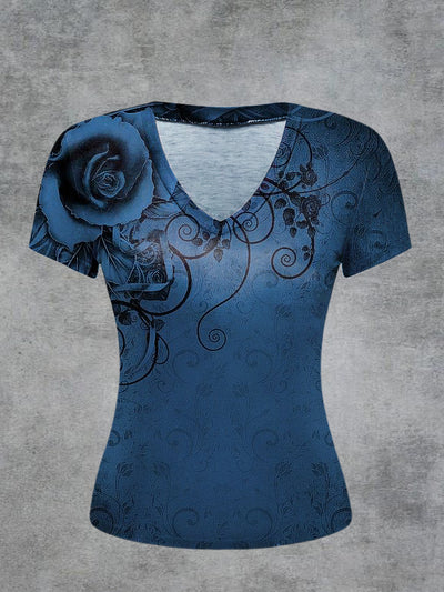 Flower Printed Vintage Fashion Loose V-Neck Short Sleeve T-Shirt