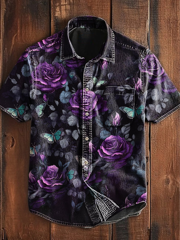 Unisex  Vintage Gothic Butterfly Rose Floral Abstract Print Casual Upgraded Cotton Short Sleeve Pocket Shirt