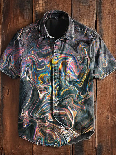 Unisex  Vintage Colourful Liquid Abstract Print Casual Upgraded Cotton Short Sleeve Pocket Shirt