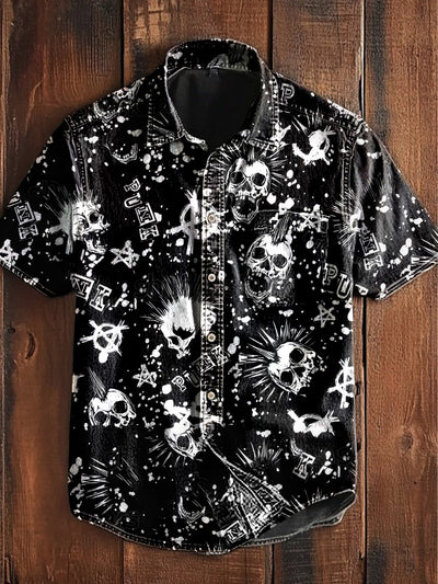 Unisex  Vintage Punk Rock Skull Band Abstract Print Casual Upgraded Cotton Short Sleeve Pocket Shirt