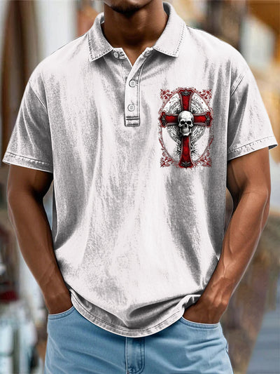Men's  Vintage Punk Skull Cross Faith Abstract Printed Casual Short Sleeve Polo Shirt