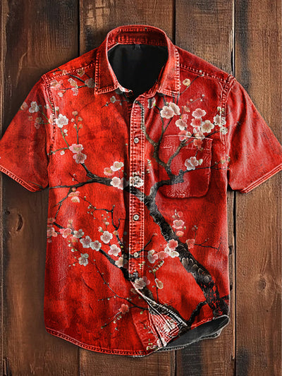 Unisex  Vintage Western Ethnic Floral Tree Branch Abstract Print Casual Upgraded Cotton Short Sleeve Pocket Shirt