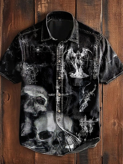 Unisex  Vintage Punk Skull Cross Dark Angel Abstract Print Casual Upgraded Cotton Short Sleeve Pocket Shirt