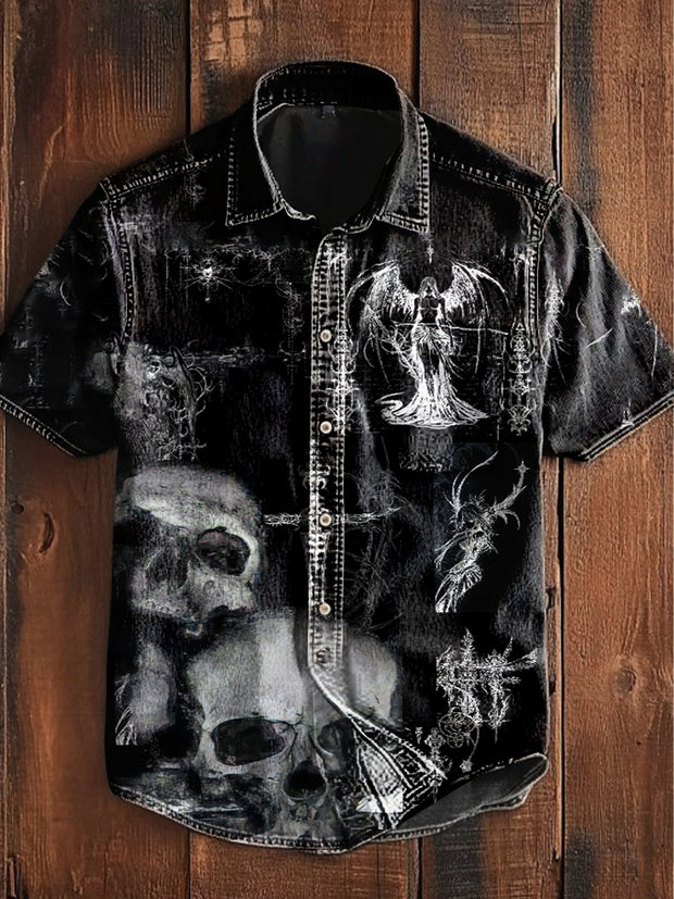 Unisex  Vintage Punk Skull Cross Dark Angel Abstract Print Casual Upgraded Cotton Short Sleeve Pocket Shirt