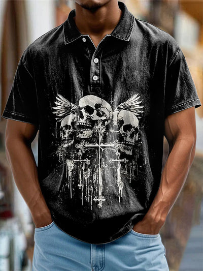Men's  Vintage Punk Skull Wings Abstract Printed Casual Short Sleeve Polo Shirt