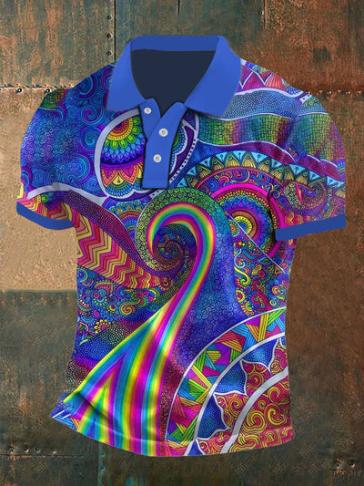 Men's  Vintage Hippie Colourful Kaleidoscope  Abstract Printed Casual Cotton Short Sleeve Polo Shirt