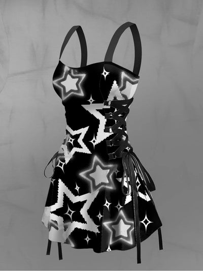 Women's Vintage Punk Gothic 3D Stars Print Strappy Sleeveless Strappy Mini Dress