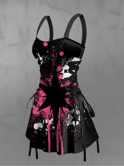 Women's Vintage Punk Gothic Colourful Graffiti Star Print Strappy Sleeveless Strappy Mini Dress