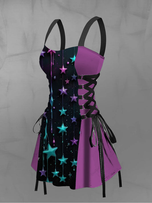 Women's Vintage Gothic Colourful Graffiti Star Print Strappy Sleeveless Strappy Mini Dress