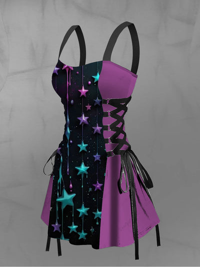 Women's Vintage Gothic Colourful Graffiti Star Print Strappy Sleeveless Strappy Mini Dress