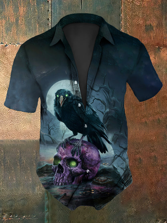Men's  Vintage Gothic Punk Dark Raven Skulls Abstract Print Casual Cotton Short Sleeve Shirt