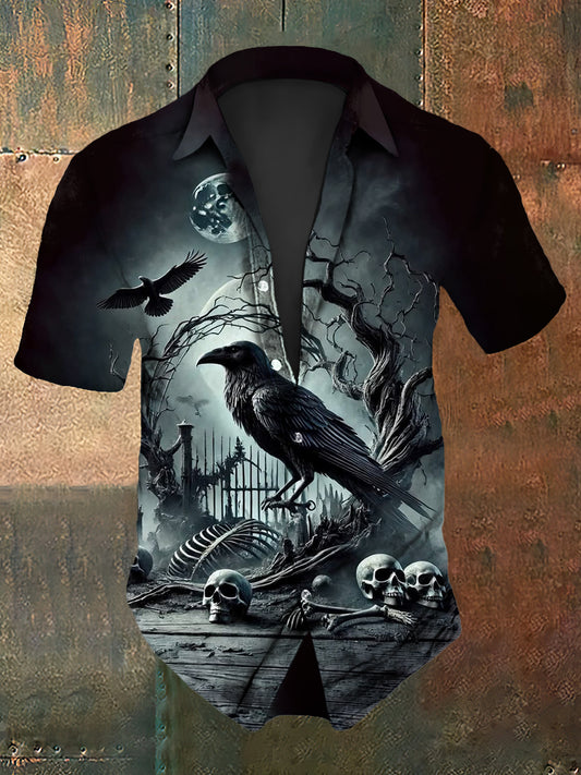 Men's  Vintage Gothic Punk Raven Skulls Abstract Print Casual Cotton Short Sleeve Shirt