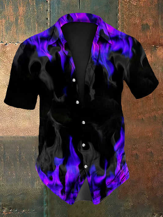 Vintage Gothic Purple Flame Smoke Abstract Print Casual Cotton Short Sleeve Shirt