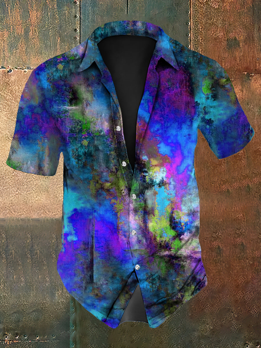 Vintage Blue Colourful Watercolour  Abstract Print Casual Cotton Short Sleeve Shirt